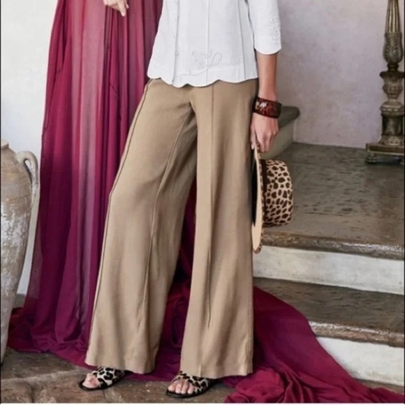 Soft Surroundings Lombard Wide Leg Rolled Waist Pant Tan Sz Petite Large - Picture 1 of 11